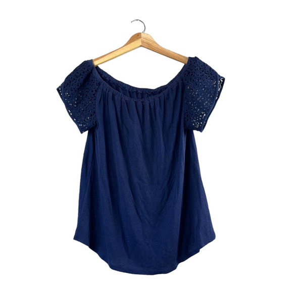 Women's Blue Eyelet Lace Linen Blend Blouse M - Picture 1 of 6